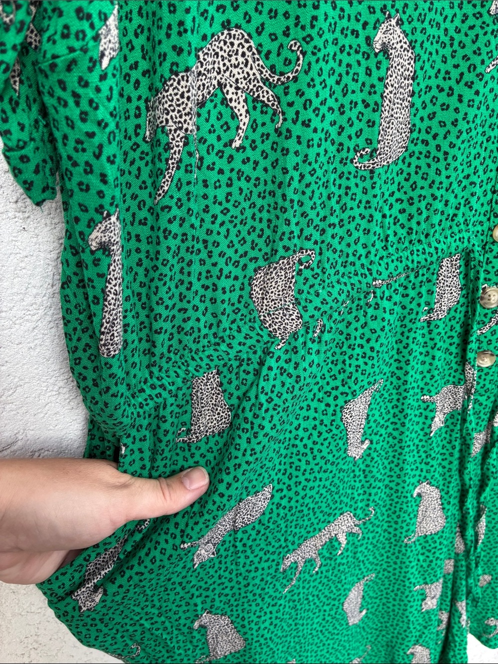 TORRID Green leopard print v neck button up tie waist romper with pockets! - Picture 6 of 9